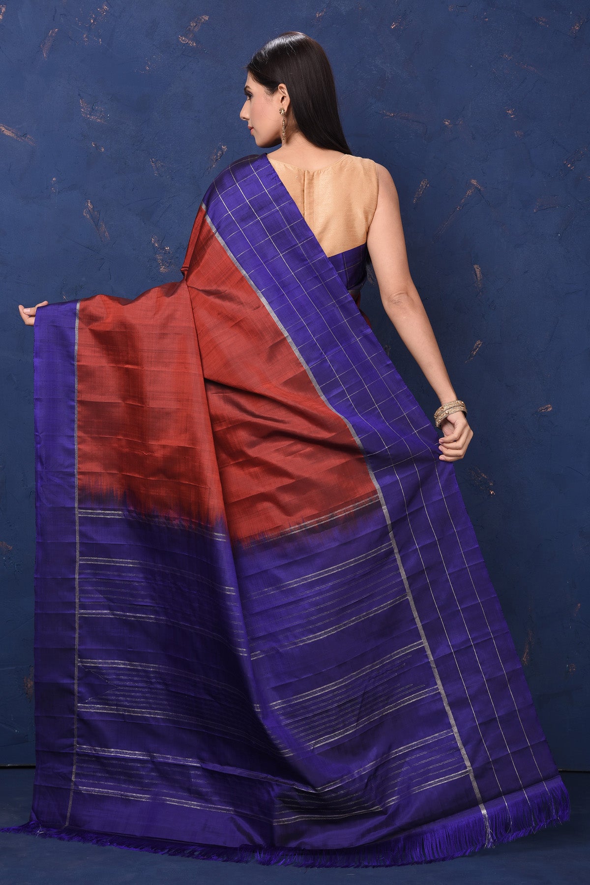 Vibrant Blue-Yellowish Orange Pure Silk Saree – Six Yard Story