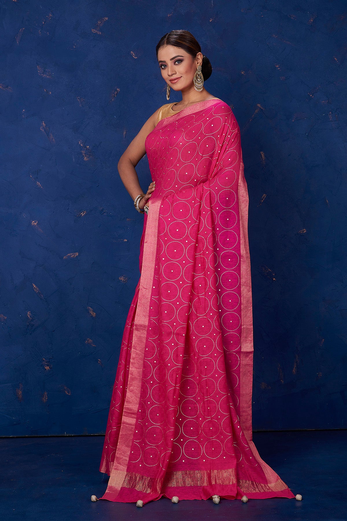 Dark Pink Flowered Satin Georgette Saree with Golden Border and Diamond Work