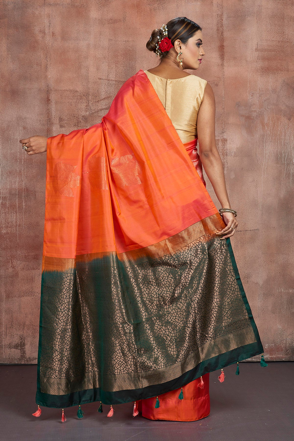 Elegant Parrot Green Silk Saree with Orange Border