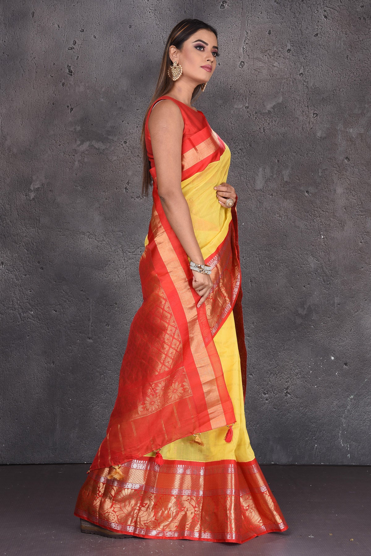 Buy Georgette Red and Yellow Border Printed Saree Online -