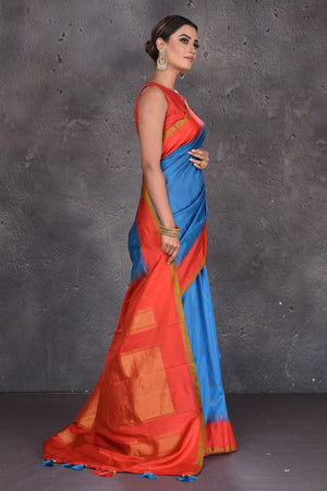 Blue Red Minakari Work Cotton Silk Jamdani Handloom Saree With Out blouse  piece - SS Saree - 3411639