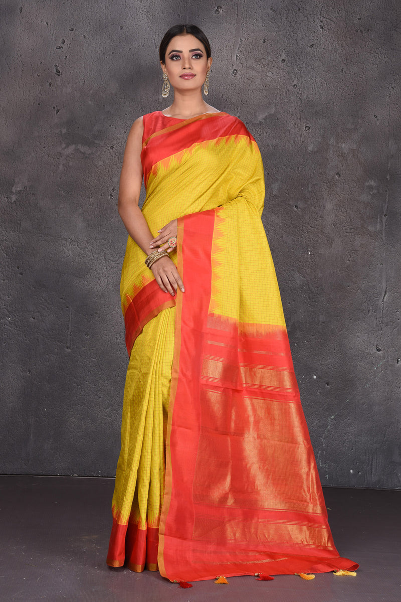 Buy Online Yellow Gadhwal Handloom Silk Saree with Red Zari Border ...