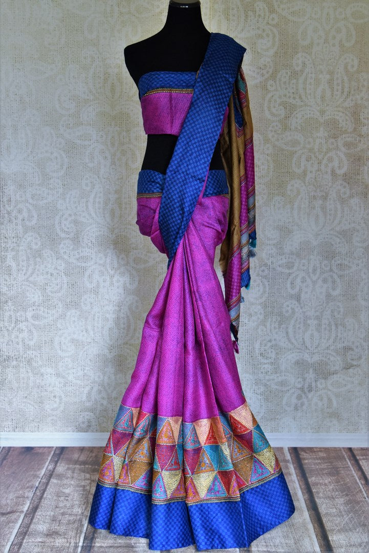 Buy beautiful purple tussar silk saree online in USA with Kantha work blue border. Flaunt your sartorial choices on special occasions in stunning designer sarees, embroidered sarees, handloom sarees, Banarasi sarees, crepe sarees from Pure Elegance Indian fashion store in USA.-full view