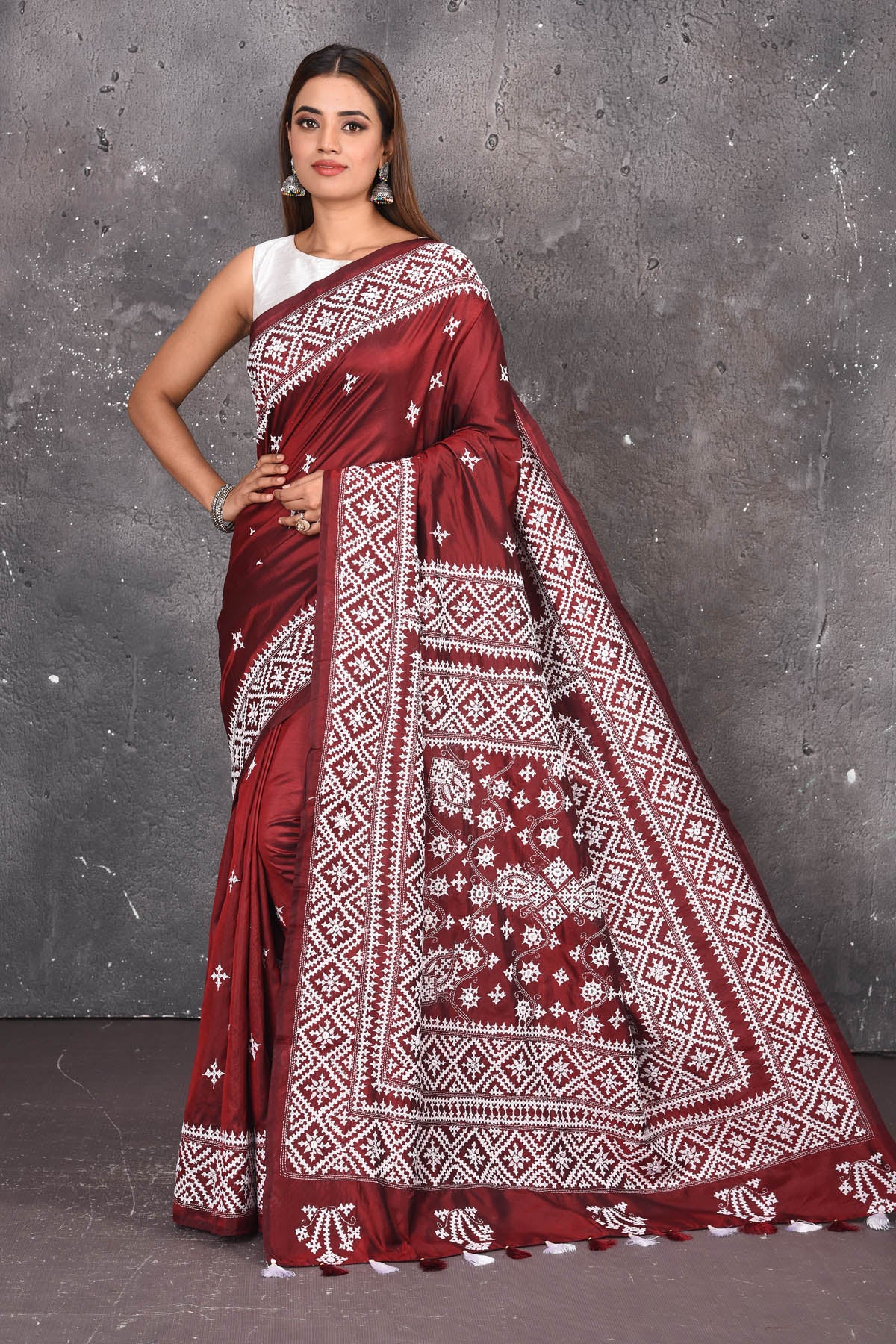 Half White Saree with Maroon Border - Sri Kumaran Stores