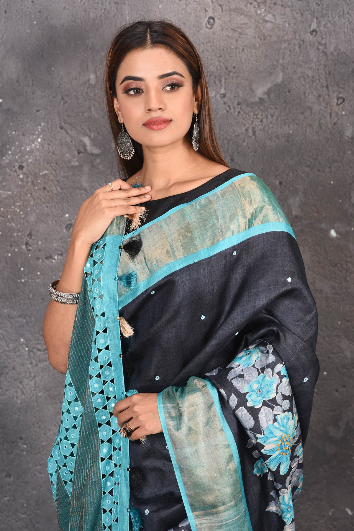 Blue Printed Georgette Saree With Lace Border