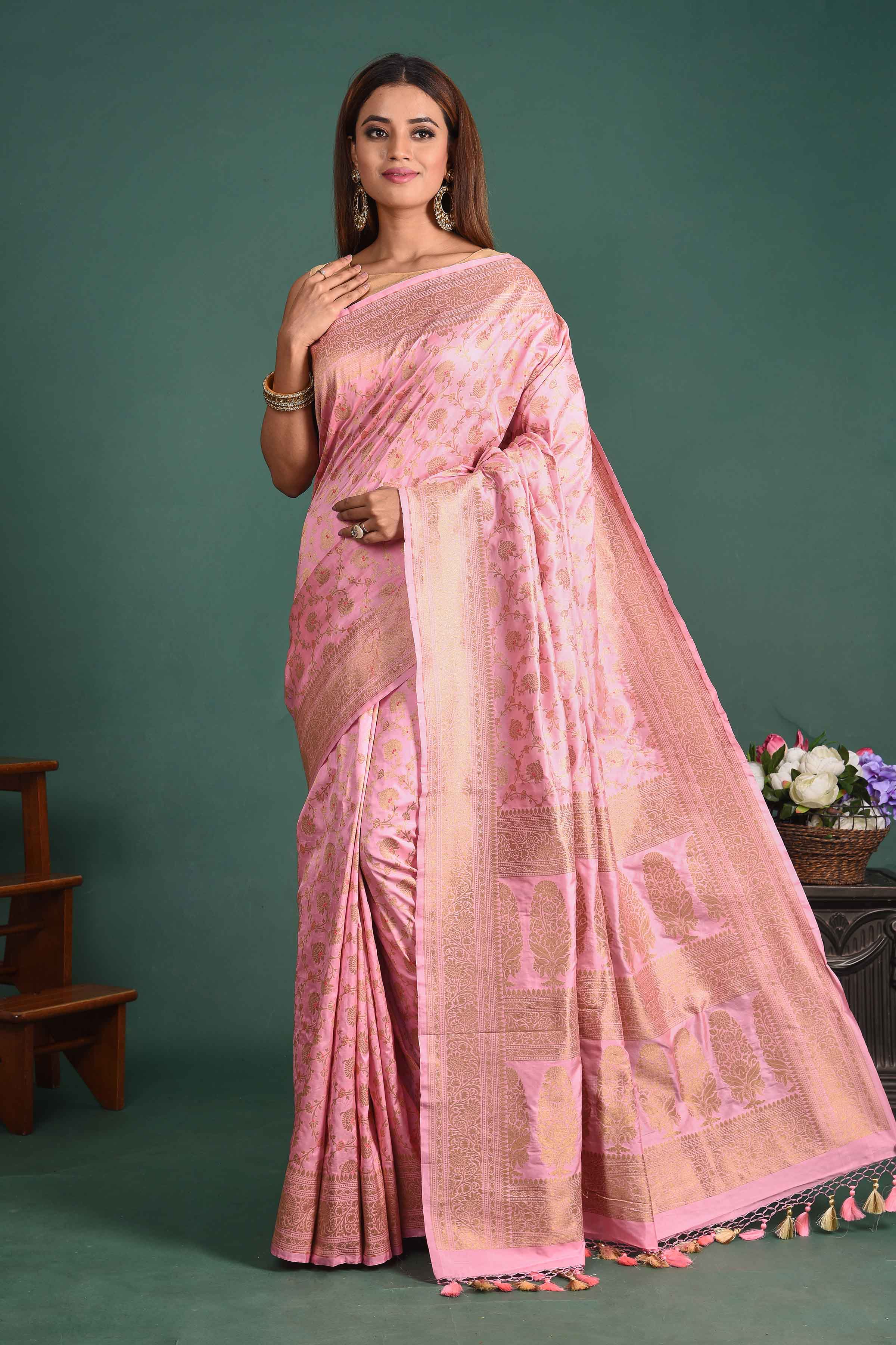 French Fuchsia Banarasi Silk Saree With Floral Jangla Weaving | Singhania's