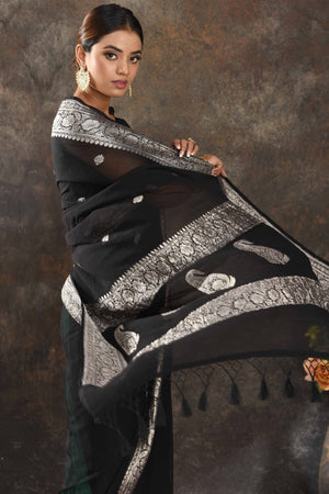 Beautiful Black Katan Banarasi Silk Saree with Silver Boota – Anvi Couture