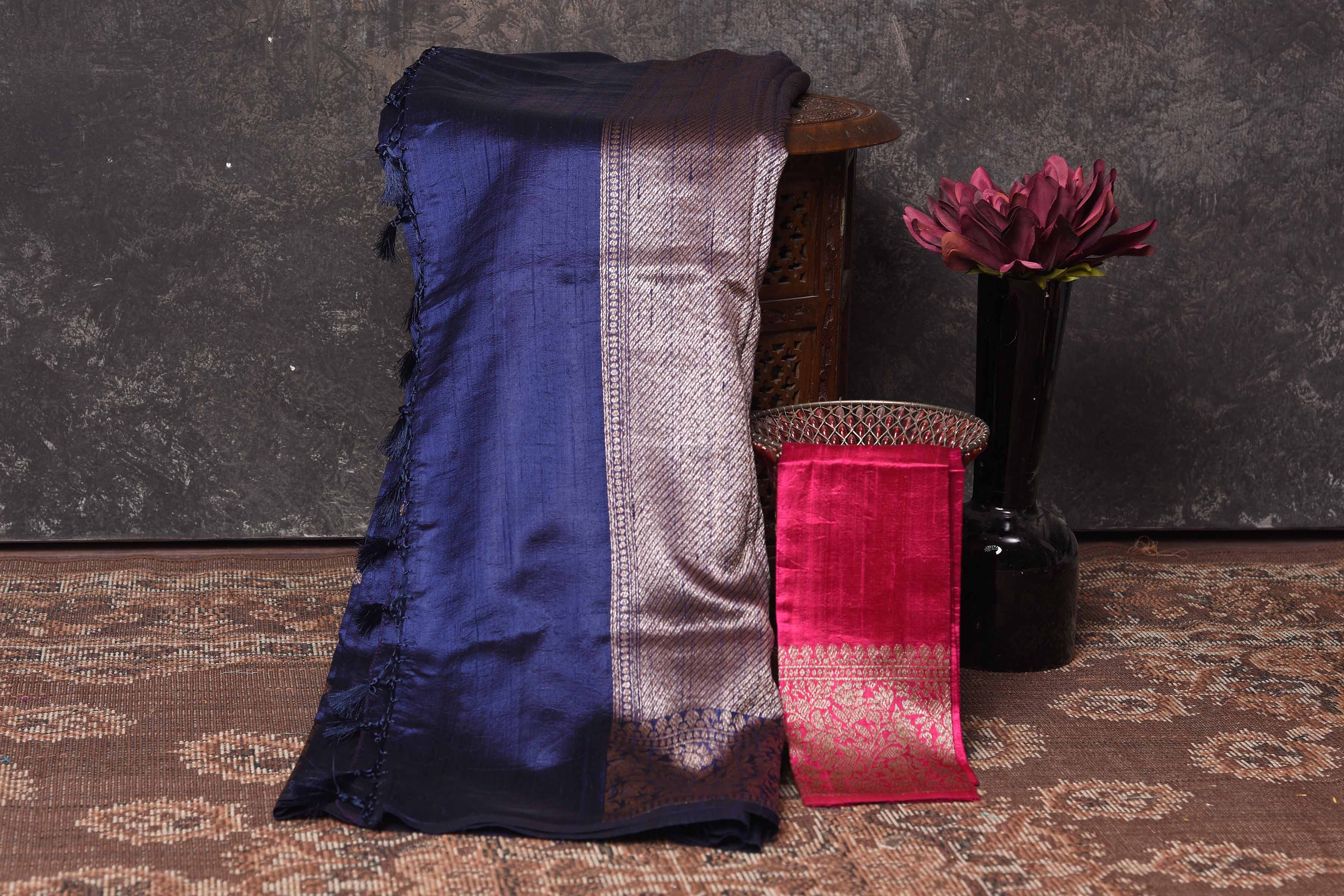 Shop beautiful dark blue tussar Banarasi saree online in USA with antique zari border. Be vision of elegance on special occasions in exquisite designer sarees, handwoven sarees, georgette sarees, embroidered sarees, Banarasi saree, pure silk saris, tussar sarees from Pure Elegance Indian saree store in USA.-blouse