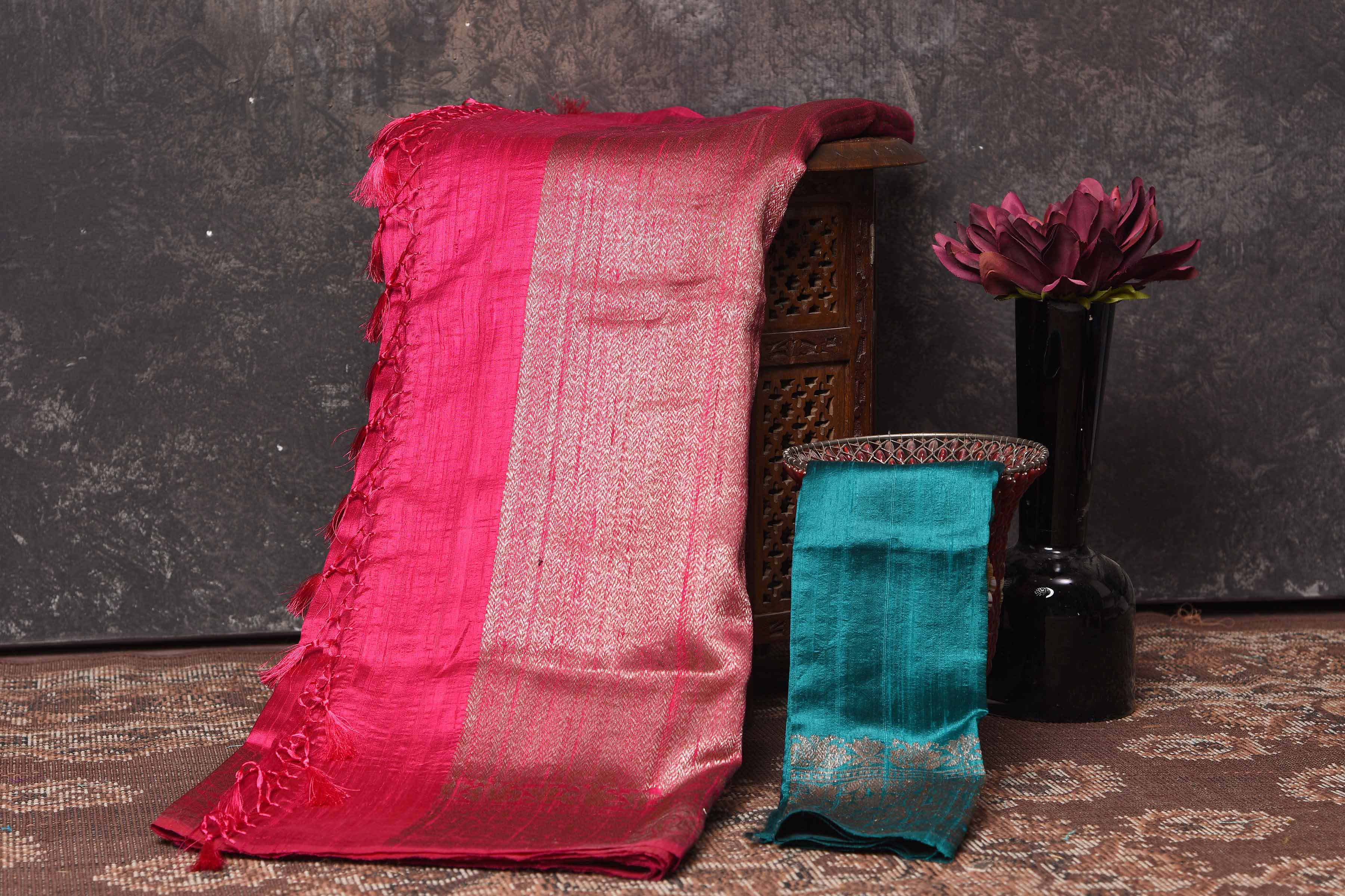 Buy beautiful pink tussar Banarasi saree online in USA with antique zari border. Be vision of elegance on special occasions in exquisite designer sarees, handwoven sarees, georgette sarees, embroidered sarees, Banarasi saree, pure silk saris, tussar sarees from Pure Elegance Indian saree store in USA.-blouse