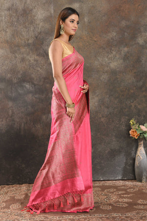 Buy beautiful pink tussar Banarasi saree online in USA with antique zari border. Be vision of elegance on special occasions in exquisite designer sarees, handwoven sarees, georgette sarees, embroidered sarees, Banarasi saree, pure silk saris, tussar sarees from Pure Elegance Indian saree store in USA.-side