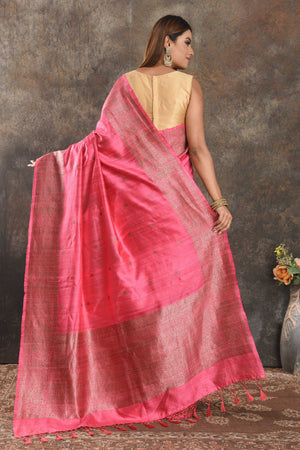 Buy beautiful pink tussar Banarasi saree online in USA with antique zari border. Be vision of elegance on special occasions in exquisite designer sarees, handwoven sarees, georgette sarees, embroidered sarees, Banarasi saree, pure silk saris, tussar sarees from Pure Elegance Indian saree store in USA.-back