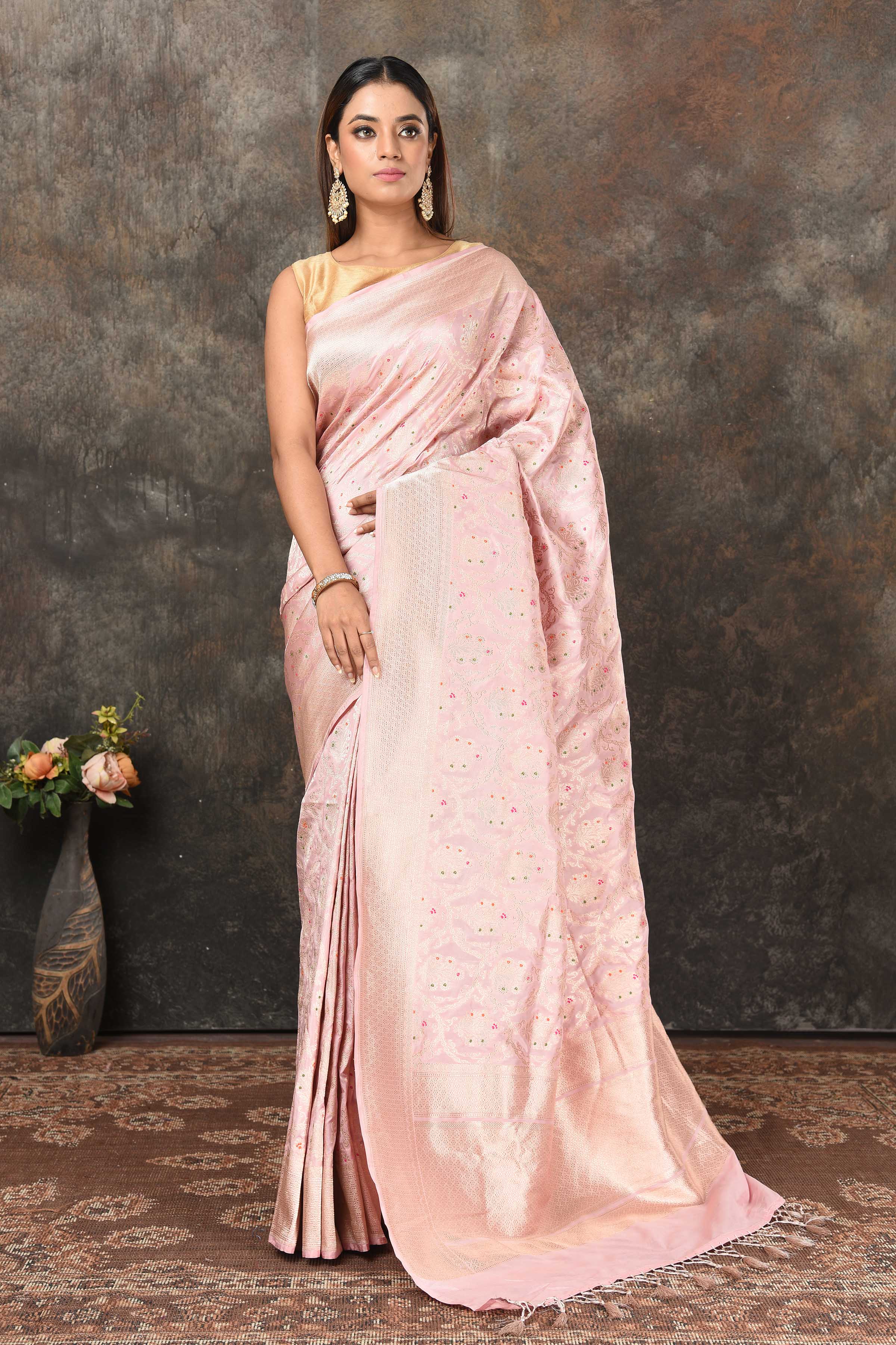 Buy powder pink Banarasi saree online in USA with silver minakari zari work. Look royal at weddings and festive occasions in exquisite Banarasi saris, handwoven sarees, tussar silk sarees, Bollywood sarees, partywear sarees from Pure Elegance Indian saree store in USA.-full view