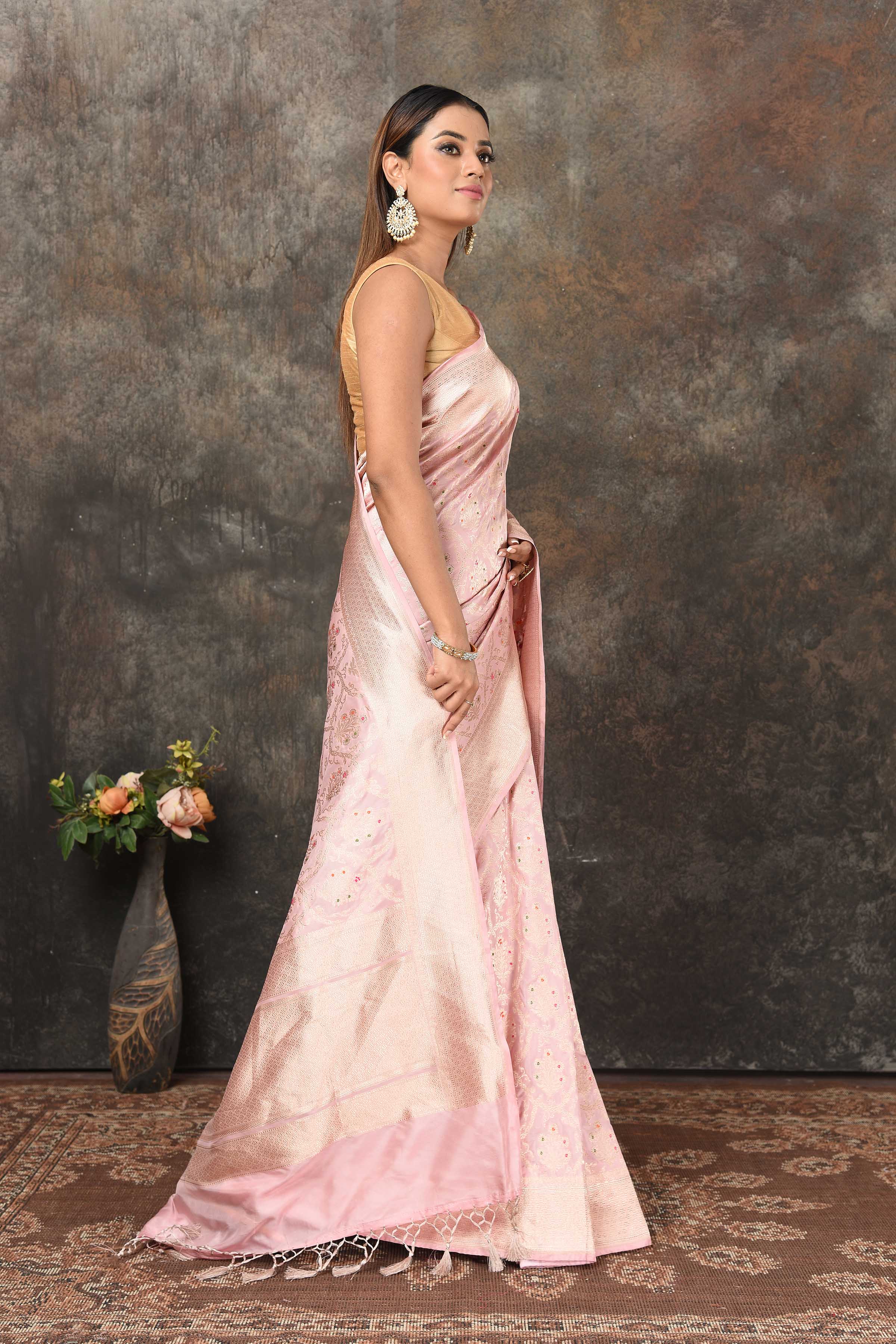 Buy powder pink Banarasi saree online in USA with silver minakari zari work. Look royal at weddings and festive occasions in exquisite Banarasi saris, handwoven sarees, tussar silk sarees, Bollywood sarees, partywear sarees from Pure Elegance Indian saree store in USA.-side