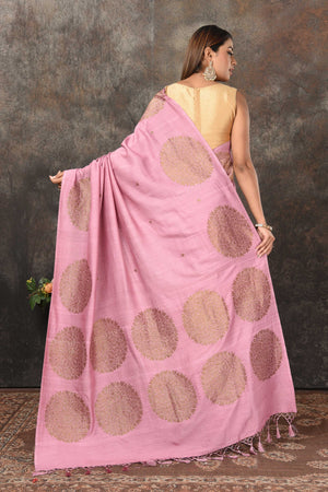 Shop onion pink Banarasi saree online in USA with antique zari motifs. Look royal at weddings and festive occasions in exquisite Banarasi saris, handwoven sarees, tussar silk sarees, Bollywood sarees, partywear sarees from Pure Elegance Indian saree store in USA.-back