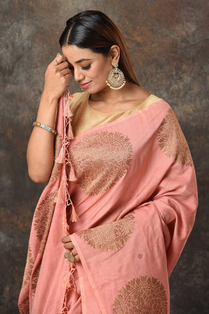 Shop Blush Pink Benarasi Saree Online in USA with Antique Zari