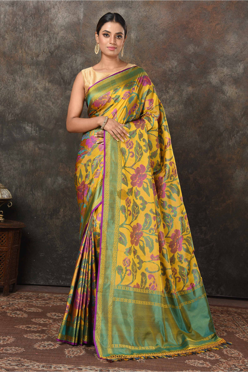 Buy stunning mustard satin weave Banarasi sari online in USA. Radiate elegance on special occasions in exquisite designer sarees, handwoven sarees, georgette sarees, embroidered sarees, Banarasi saree, pure silk saris, tussar sarees from Pure Elegance Indian saree store in USA.-full view