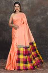 Shop stunning peach borderless Kanjeevaram saree online in USA with check pallu. Go for a rich traditional look on weddings and festive occasions in pure silk sarees, Kanchipuram silk sarees, handloom sarees, Banarasi sarees from Pure Elegance Indian fashion store in USA.-full view