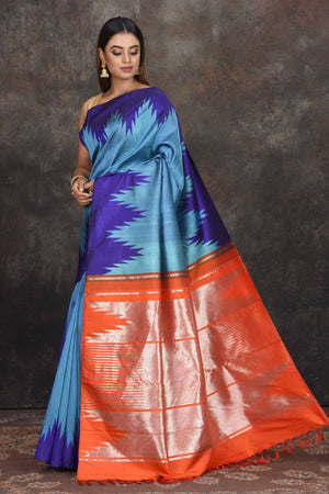 Handloom Temple Border Natural Tussar Silk Saree with stripe Border