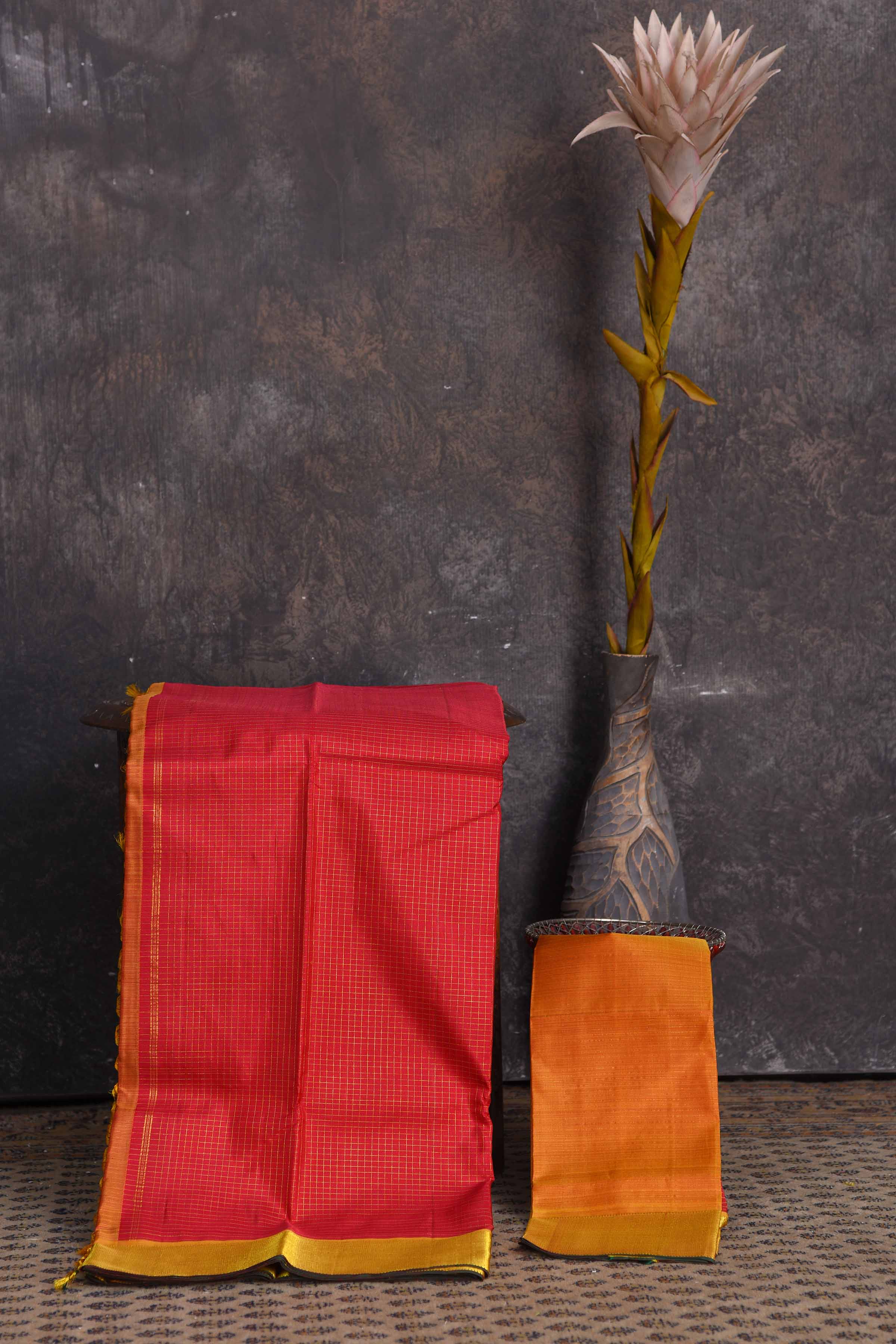 Shop beautiful red Kanjivaram silk saree online in USA with golden border. Get festive ready in beautiful Kanchipuram silk sarees, pure silk sarees, soft silk sarees, tussar silk saris, handwoven sarees, chanderi silk sarees from Pure Elegance Indian saree store in USA.-blouse