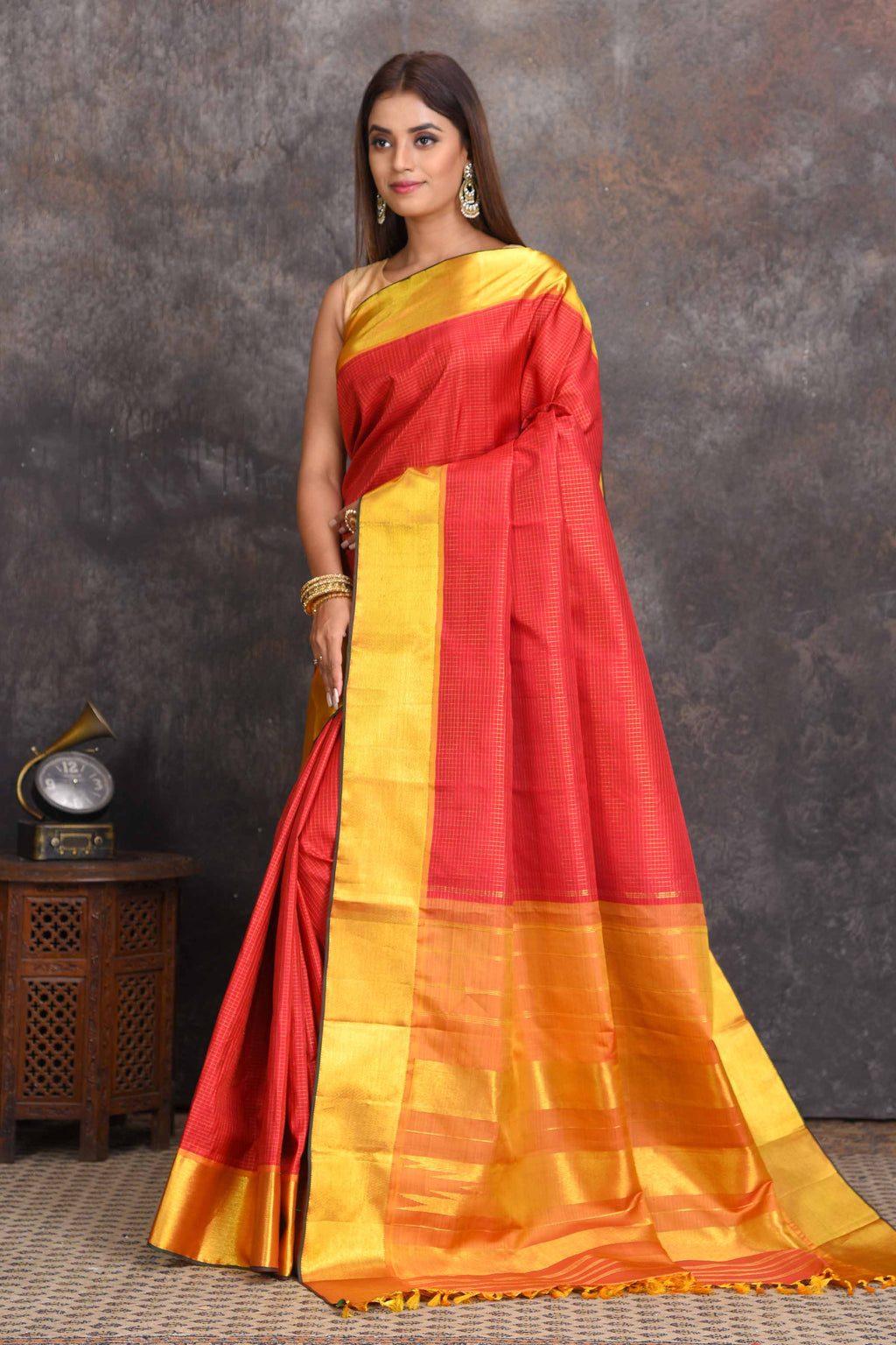 Shop beautiful red Kanjivaram silk saree online in USA with golden border. Get festive ready in beautiful Kanchipuram silk sarees, pure silk sarees, soft silk sarees, tussar silk saris, handwoven sarees, chanderi silk sarees from Pure Indian saree store in USA.-full view