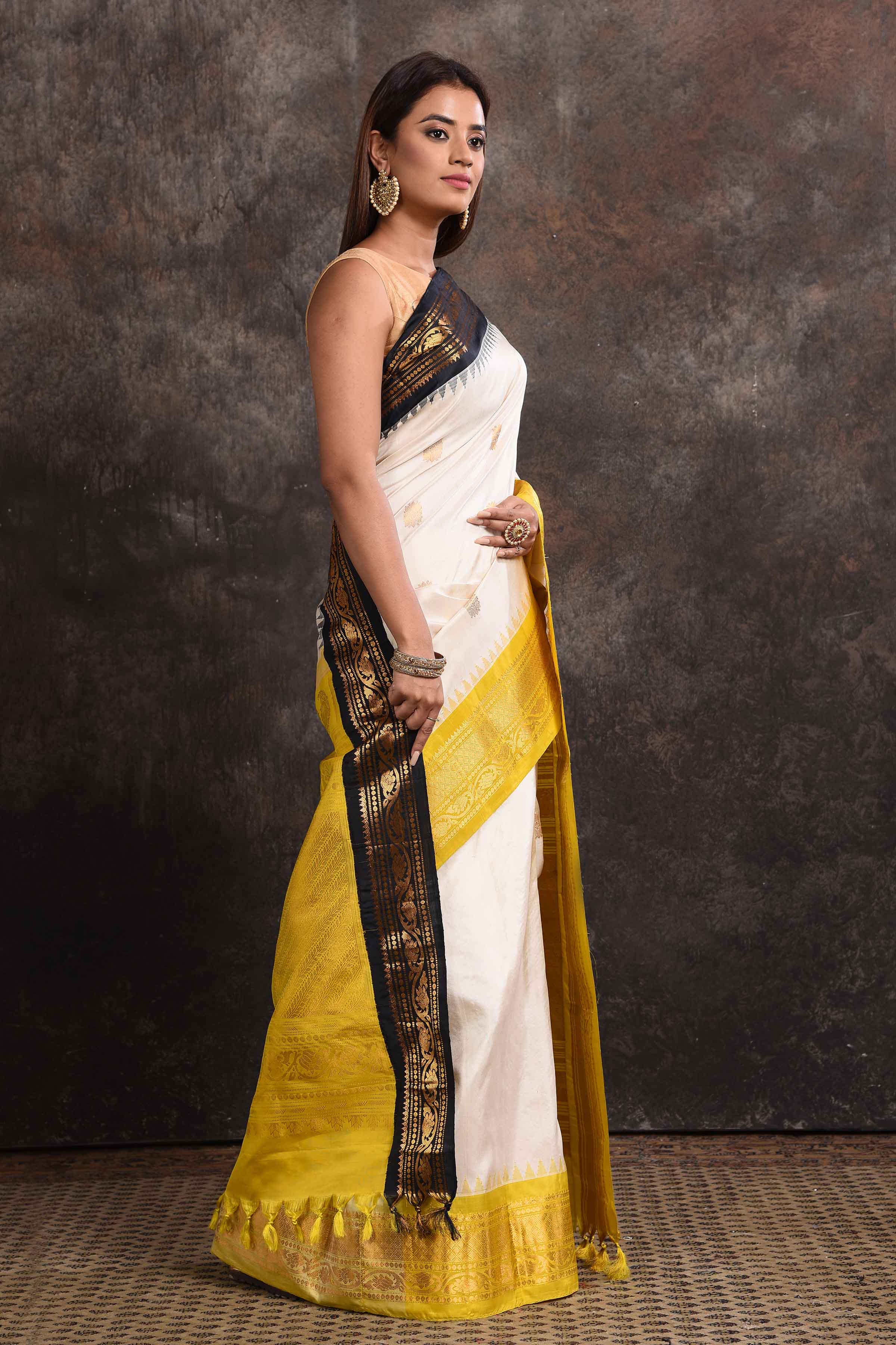 Grey & Black Beads and Stones Net Saree with Embellished Border– Inddus.in