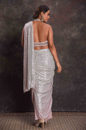 Buy Silver Sequin Draped Saree Online in USA with Designer Blouse – Pure  Elegance