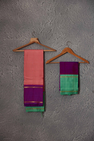 Buy Online Light Pink Kanjeevaram Saree with Green and Purple Border – Pure  Elegance