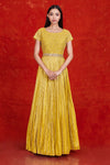 Buy gorgeous yellow fit and flare mirror work gown online in USA. Make a fashion statement on festive occasions and weddings with designer suits, Indian dresses, Anarkali suits, palazzo suits, designer gowns, sharara suits from Pure Elegance Indian fashion store in USA.-full view