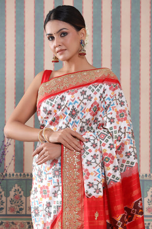 Durga Off White-Red Litchi Silk Saree – Zariknyaa