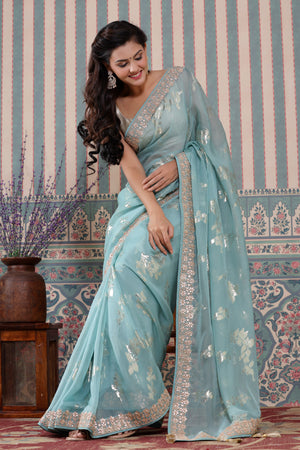 Light Blue Chiffon Crepe Saree with Mirror and Embroidery Work