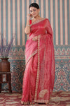 Buy pink embroidered tissue silk Banarasi sari online in USA. Make a fashion statement at weddings with stunning designer sarees, embroidered sarees with blouse, wedding sarees, handloom sarees from Pure Elegance Indian fashion store in USA.-full view