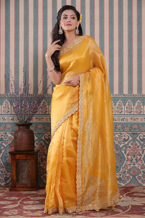 Yellow Hand Cut Mirror Border Saree Set – Studio East6