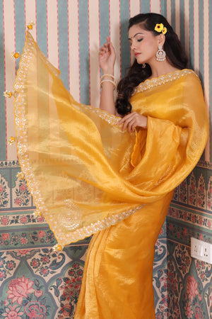 Punch Yellow Banarasi Saree with Kachhi,Mirror and Diamond Work – MySilkLove