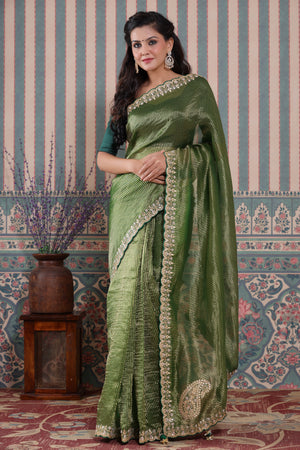 Couple dress Orgenza Silk Mehndi Green Saree and kurta pyjama – Archittam  Fashion