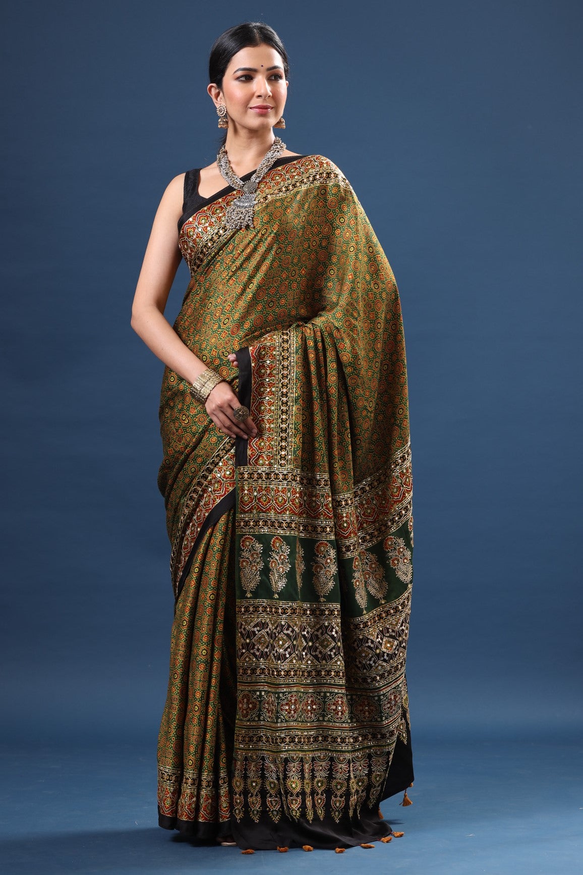 Buy Mehendi Green Ajrakh Print Modal Silk Saree Online in USA – Pure  Elegance