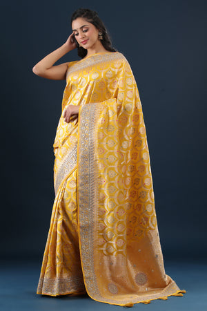 Yellow embroidered banarasi silk saree with blouse - Monjolika - 3624547