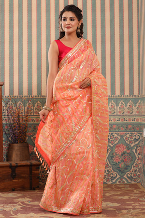 Buy Peach Silk Organza Saree Embroidered Saree Online | Peeli Dori