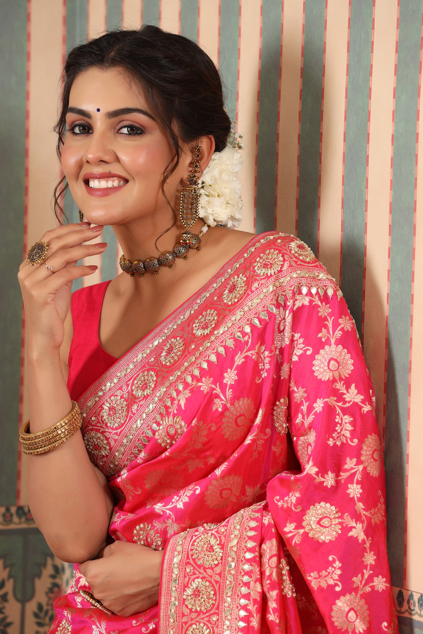 90Z644-RO Bright Pink Banarasi Saree with Embroidered Border