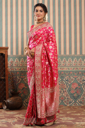 Shop beautiful pink heavy zari work Banarasi sari online in USA. Make a fashion statement at weddings with stunning designer sarees, embroidered sarees with blouse, wedding sarees, handloom sarees from Pure Elegance Indian fashion store in USA.-pallu