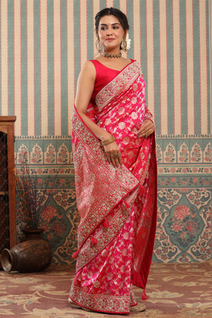 Shop beautiful pink heavy zari work Banarasi sari online in USA. Make a fashion statement at weddings with stunning designer sarees, embroidered sarees with blouse, wedding sarees, handloom sarees from Pure Elegance Indian fashion store in USA.-side