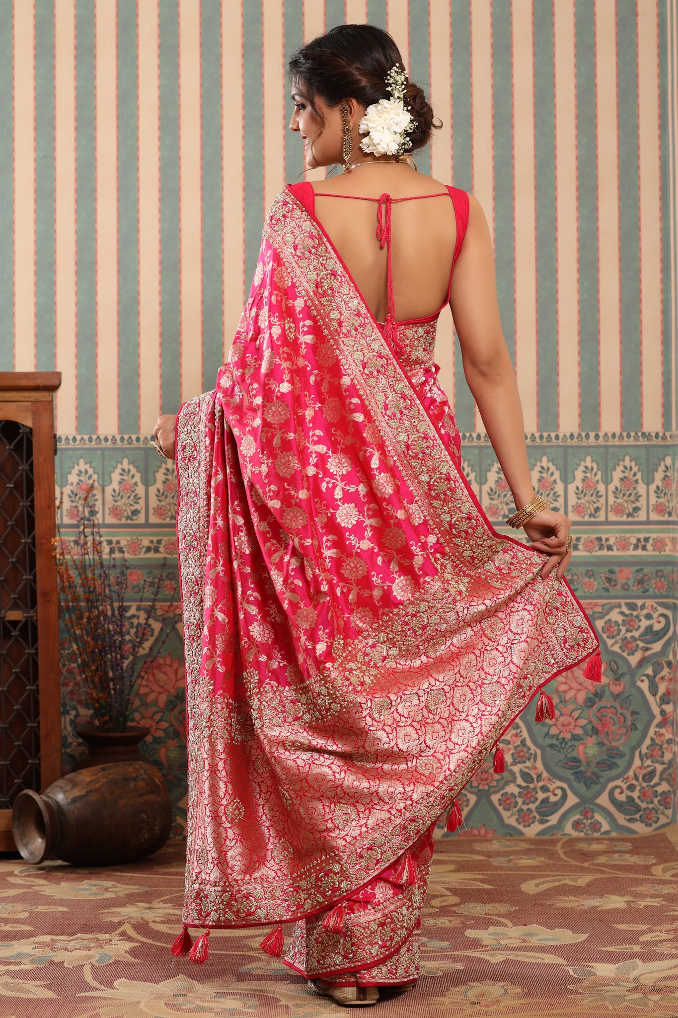 Shop beautiful pink heavy zari work Banarasi sari online in USA. Make a fashion statement at weddings with stunning designer sarees, embroidered sarees with blouse, wedding sarees, handloom sarees from Pure Elegance Indian fashion store in USA.-back