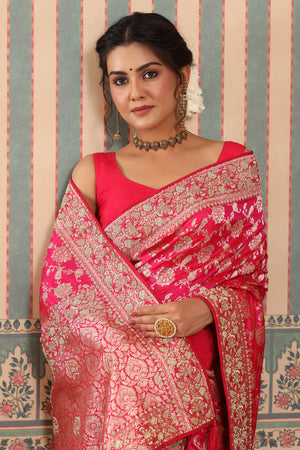 Shop beautiful pink heavy zari work Banarasi sari online in USA. Make a fashion statement at weddings with stunning designer sarees, embroidered sarees with blouse, wedding sarees, handloom sarees from Pure Elegance Indian fashion store in USA.-closeup
