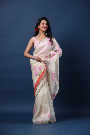 Organza Saree in White Color With Resam Embroidery Work and Blouse in USA,  UK, Malaysia, South Africa, Dubai, Singapore