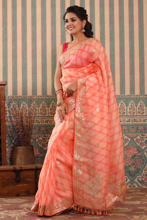 Buy Peach Color With Bandhej Gota Patti Saree by ZARI JAIPUR at Ogaan  Market Online Shopping Site