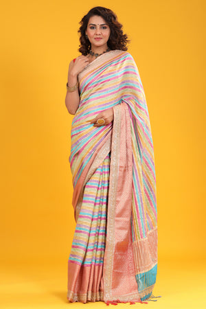 Buy pastel multicolor tussar silk sari online in USA with embroidered zari border. Make a fashion statement at weddings with stunning designer sarees, embroidered sarees with blouse, wedding sarees, handloom sarees from Pure Elegance Indian fashion store in USA.-front