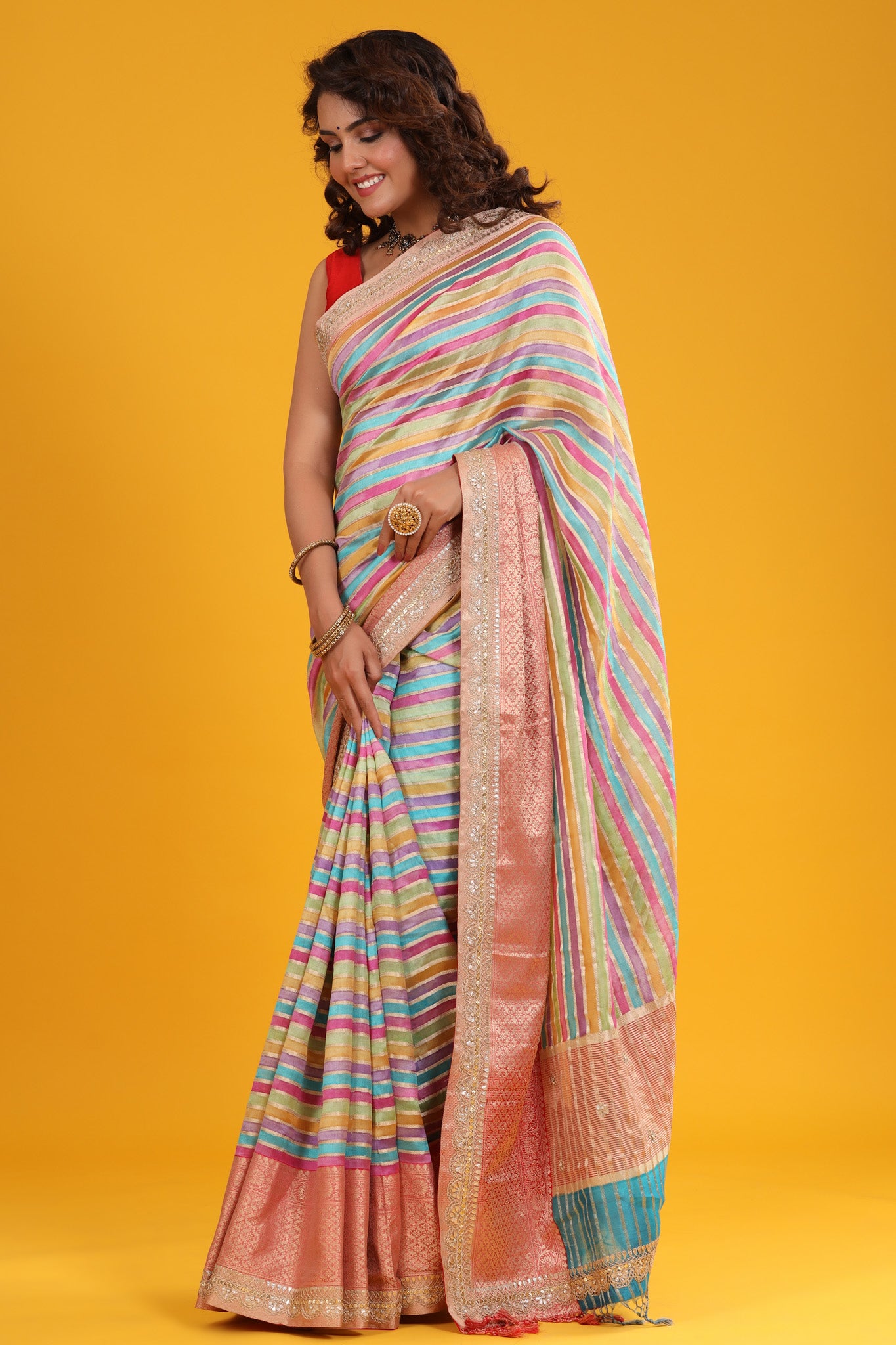 Buy pastel multicolor tussar silk sari online in USA with embroidered zari border. Make a fashion statement at weddings with stunning designer sarees, embroidered sarees with blouse, wedding sarees, handloom sarees from Pure Elegance Indian fashion store in USA.-pallu