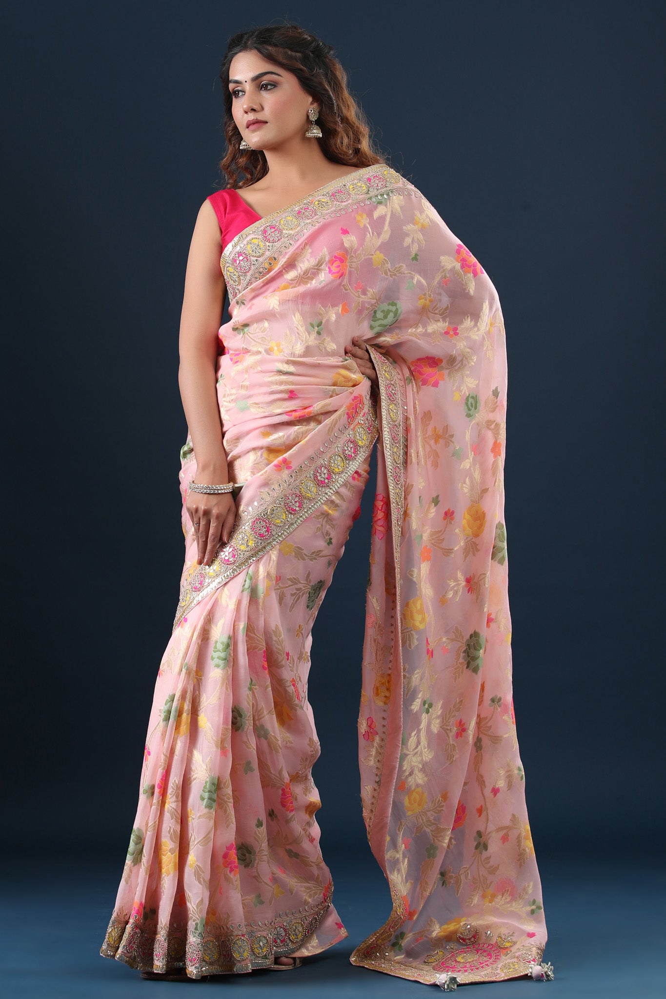 Light Pink Floral Printed Organza Silk Saree - Tulsi Weaves