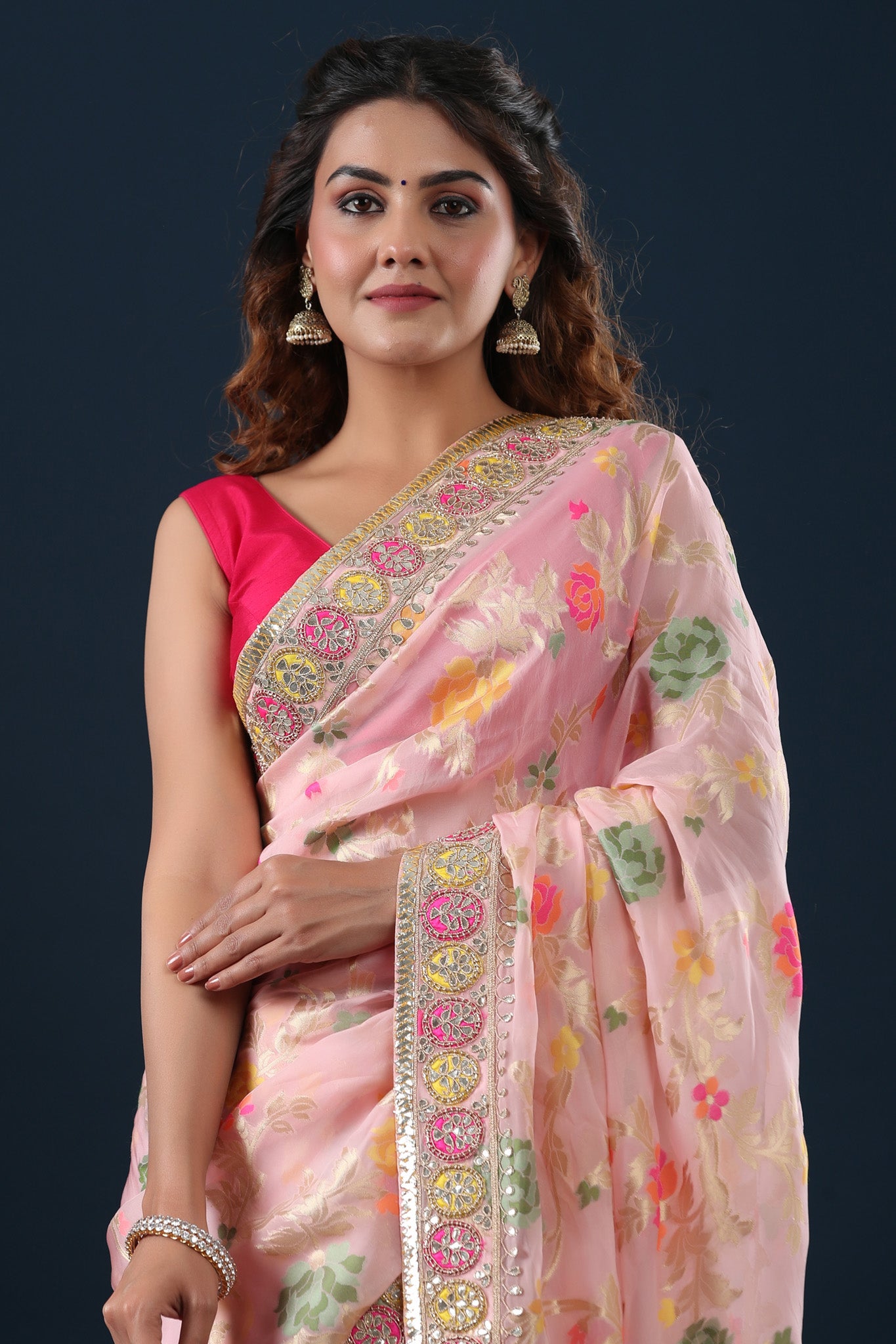 Pink Rose Flower Print Organza Saree with Tafetta Blouse - Ships in 3-4  Weeks / Unstitched / With Polti Bag | Organza saree, Saree, Printed blouse  saree