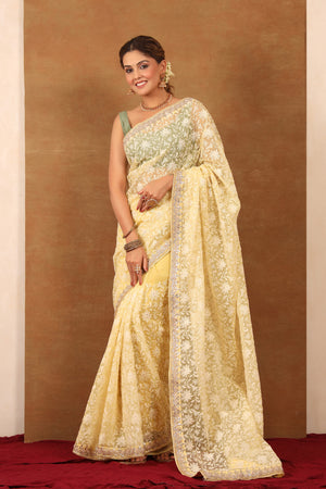 Devnaagri - Lemon Yellow Georgette Saree