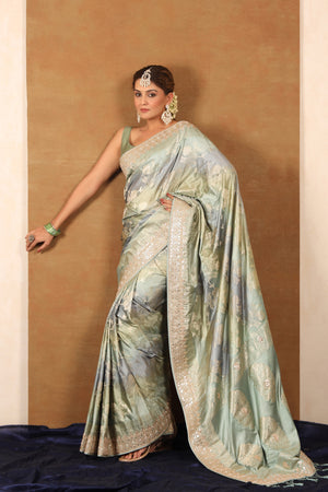 Functional Wear Grey Satin Silk Latest Saree With Belt – Kaleendi